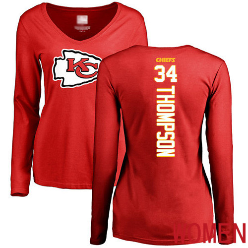 Women Football Kansas City Chiefs #34 Thompson Darwin Red Backer Slim Fit Long Sleeve T-Shirt->nfl t-shirts->Sports Accessory